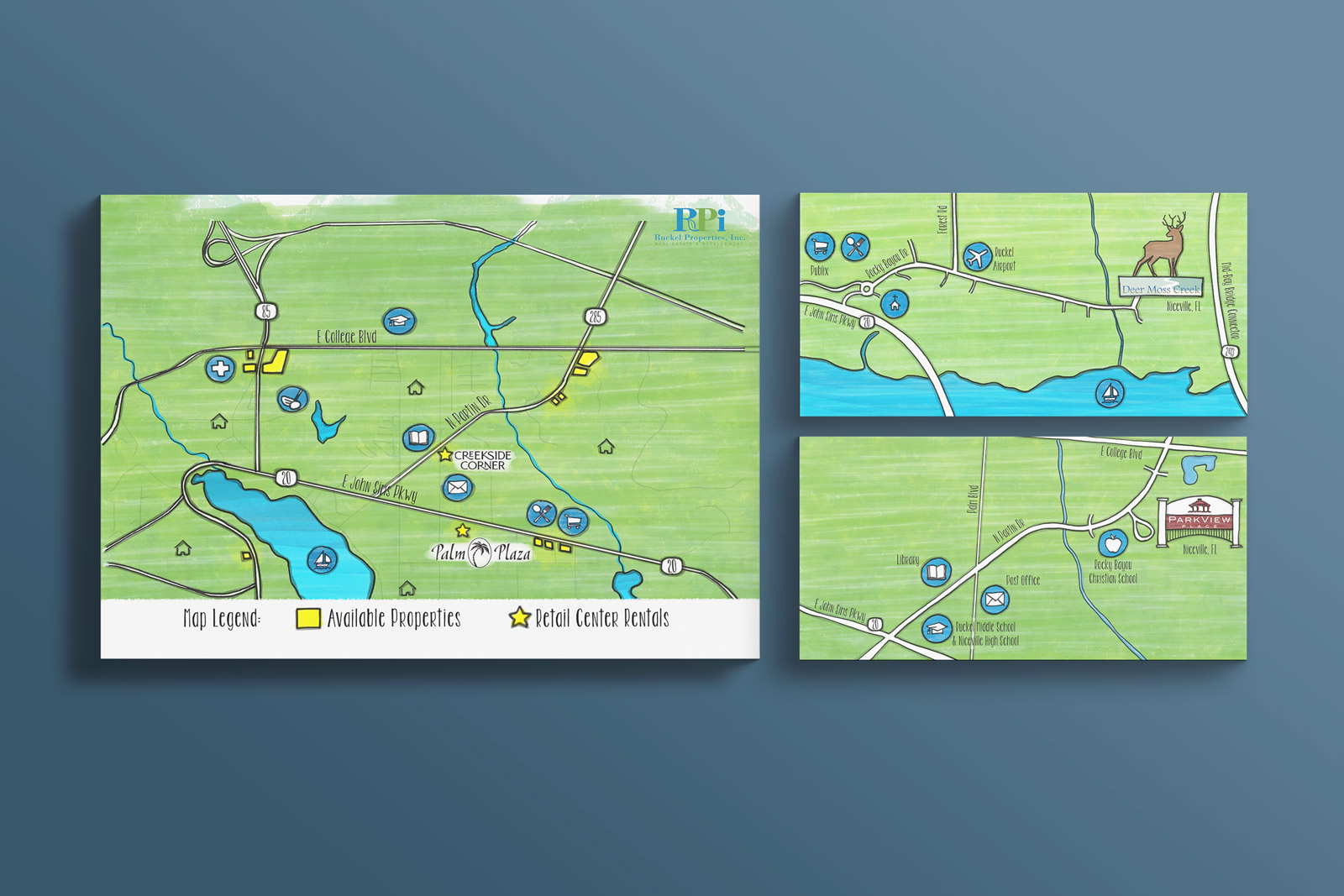 Green and blue illustrated local maps for real estate development company