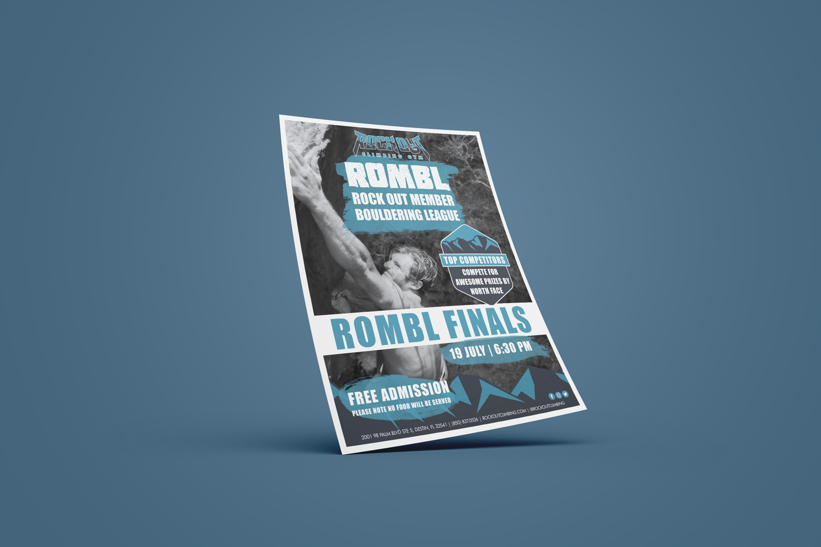Blue and gray bouldering league flyer for indoor rock climbing gym