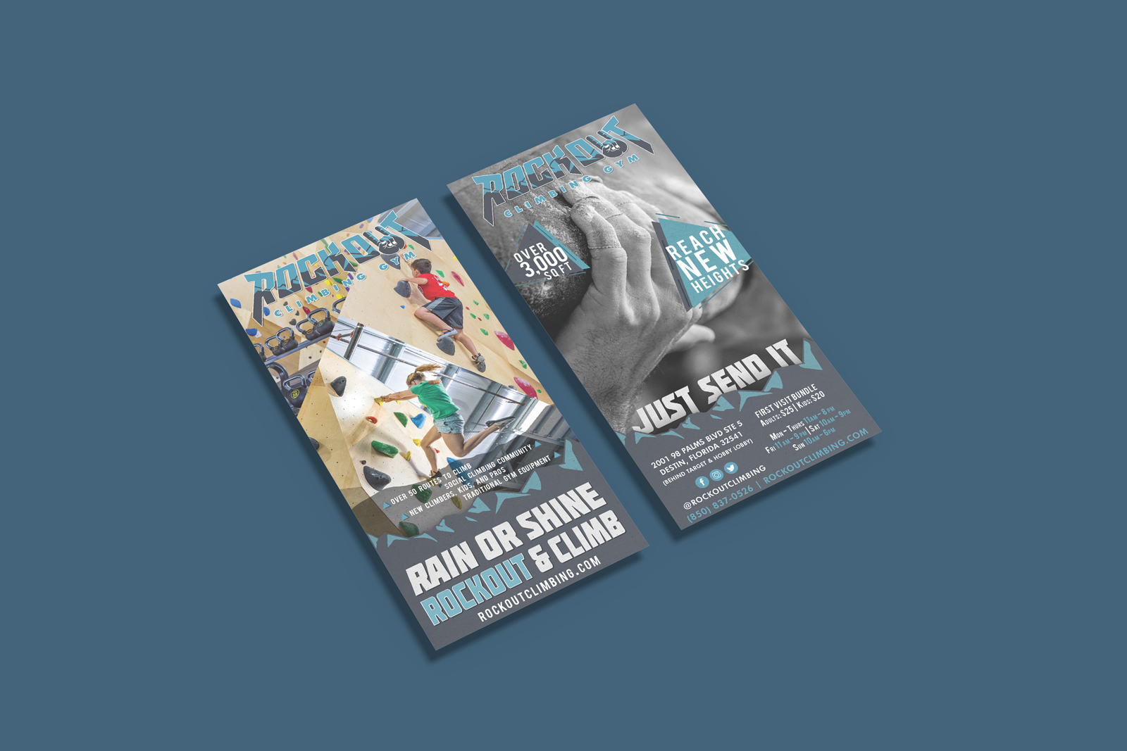 Blue and gray rack card design for indoor rock climbing gym