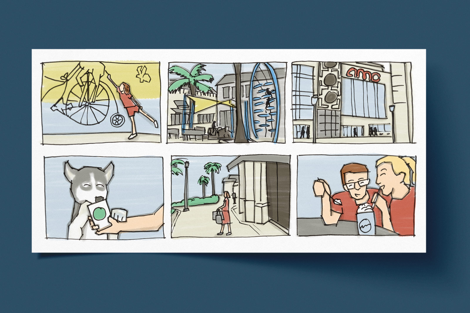 Illustrated commercial storyboard for outdoor mall