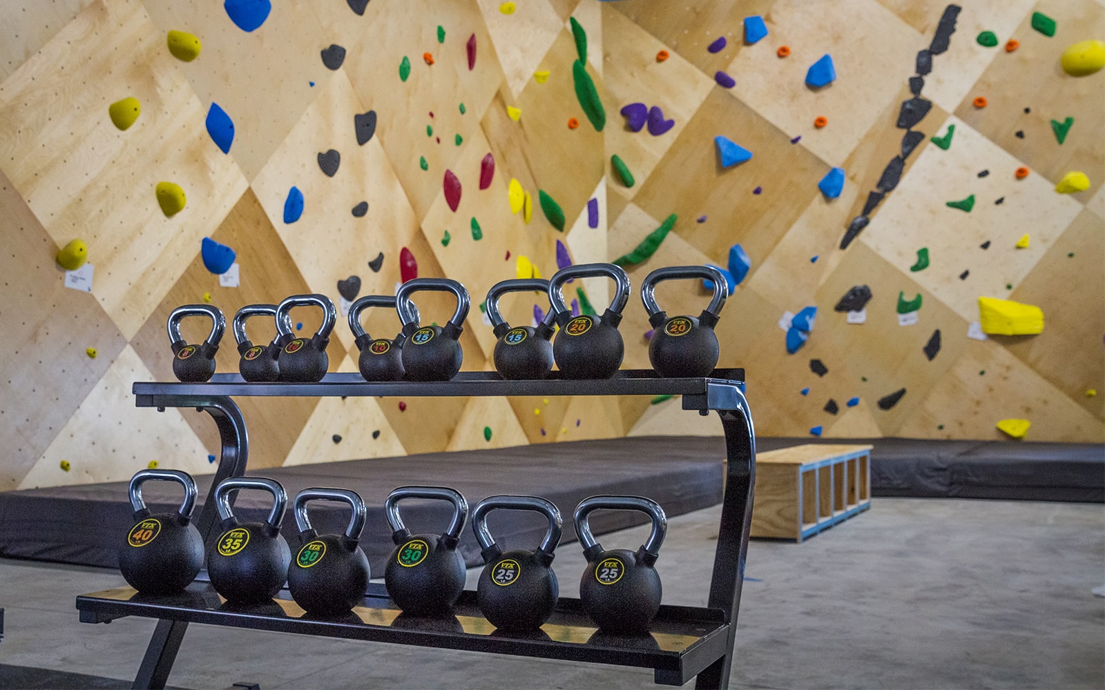 Weights and climbing wall at indoor rock climbing gym