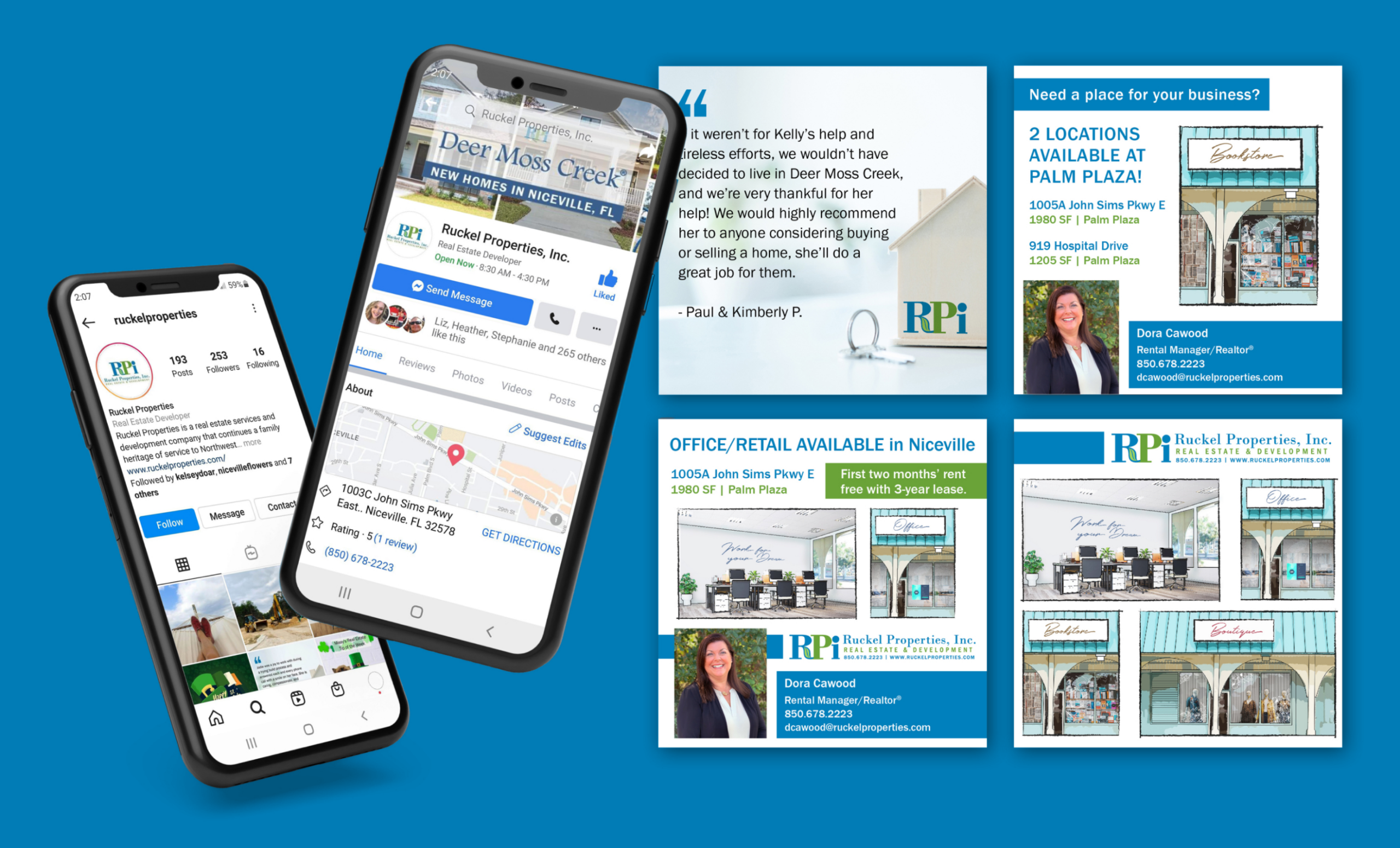 Ruckel Properties socials and web pages displayed on phones