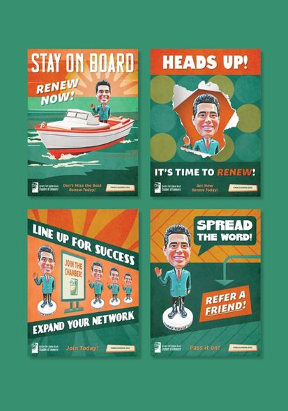 Chamber of Commerce Posters featuring a bobble head of a man