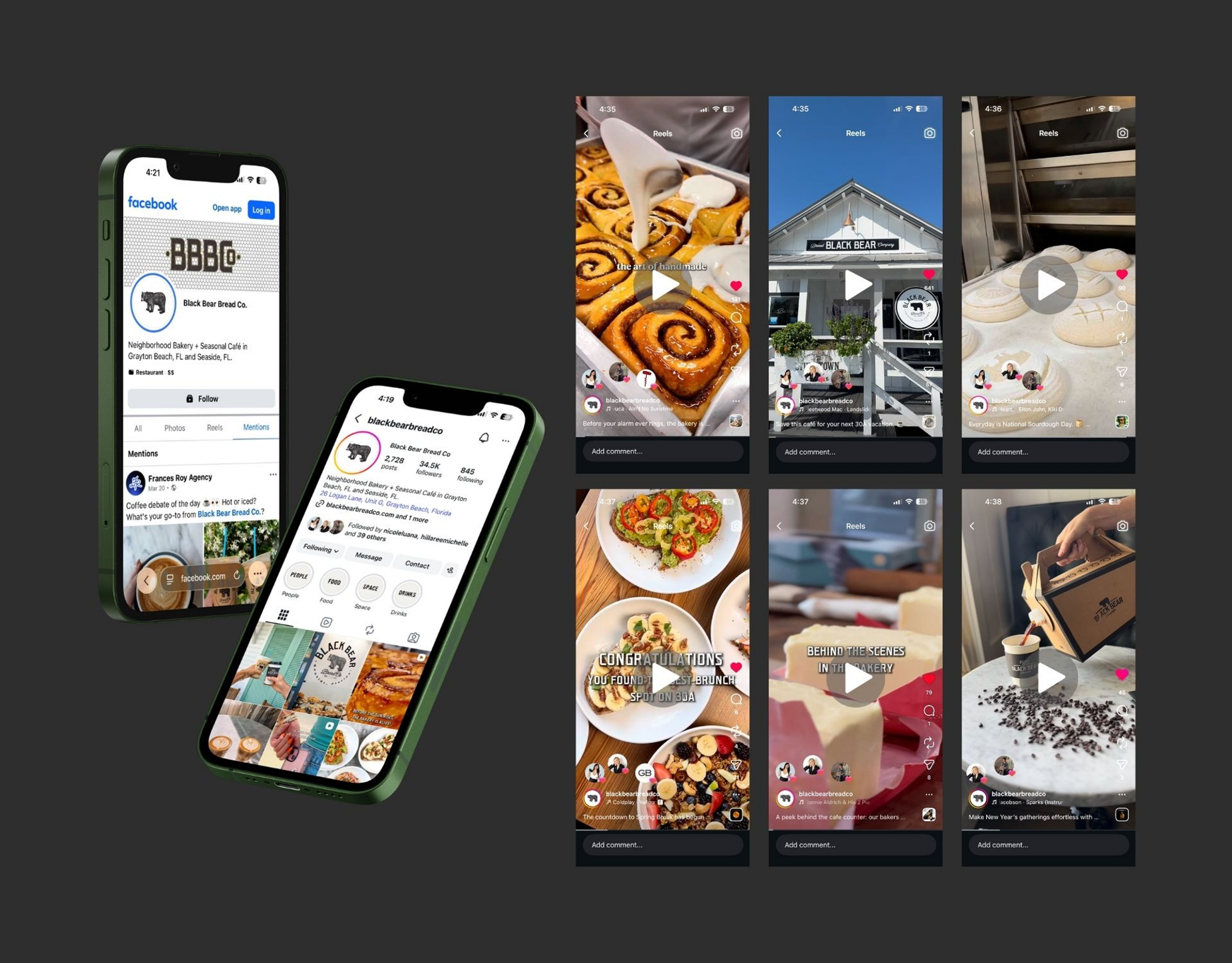 Facebook and Instagram posts and reel screenshots for Black Bear Bread