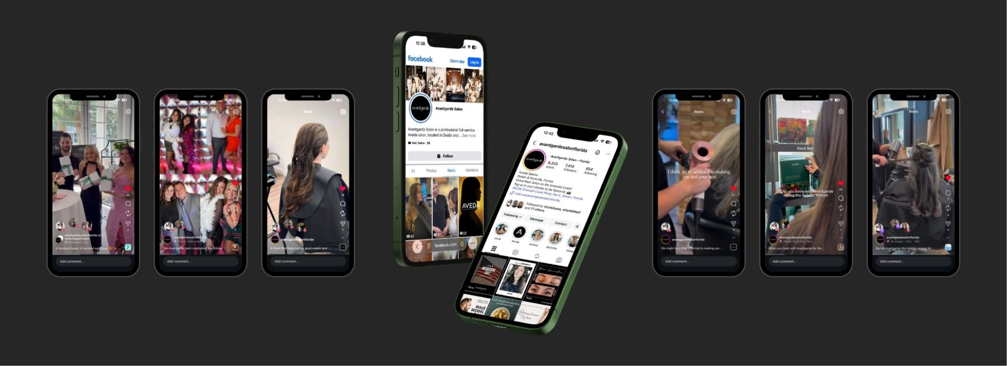 Phones showing social posts from Avantegarde Aveda Salon