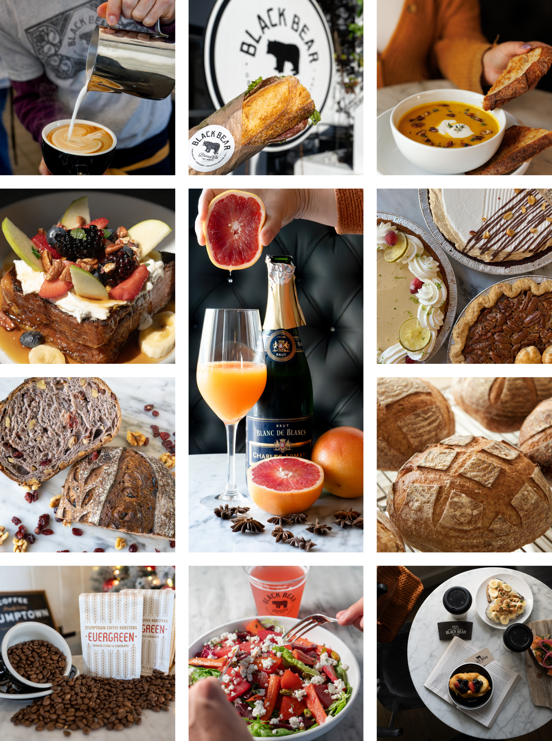 Various images of breads, cakes, fruit, and drinks