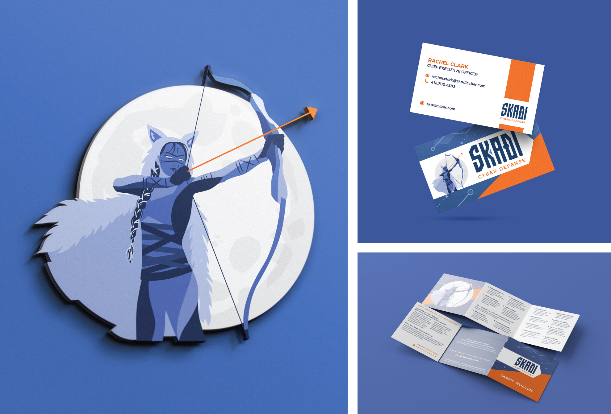 Archer in front of moon and two images of brochures