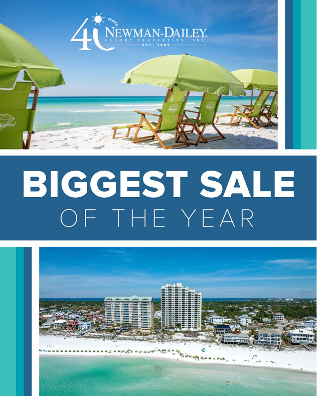 Two photos of beach with text "Biggest Sale of the Year"